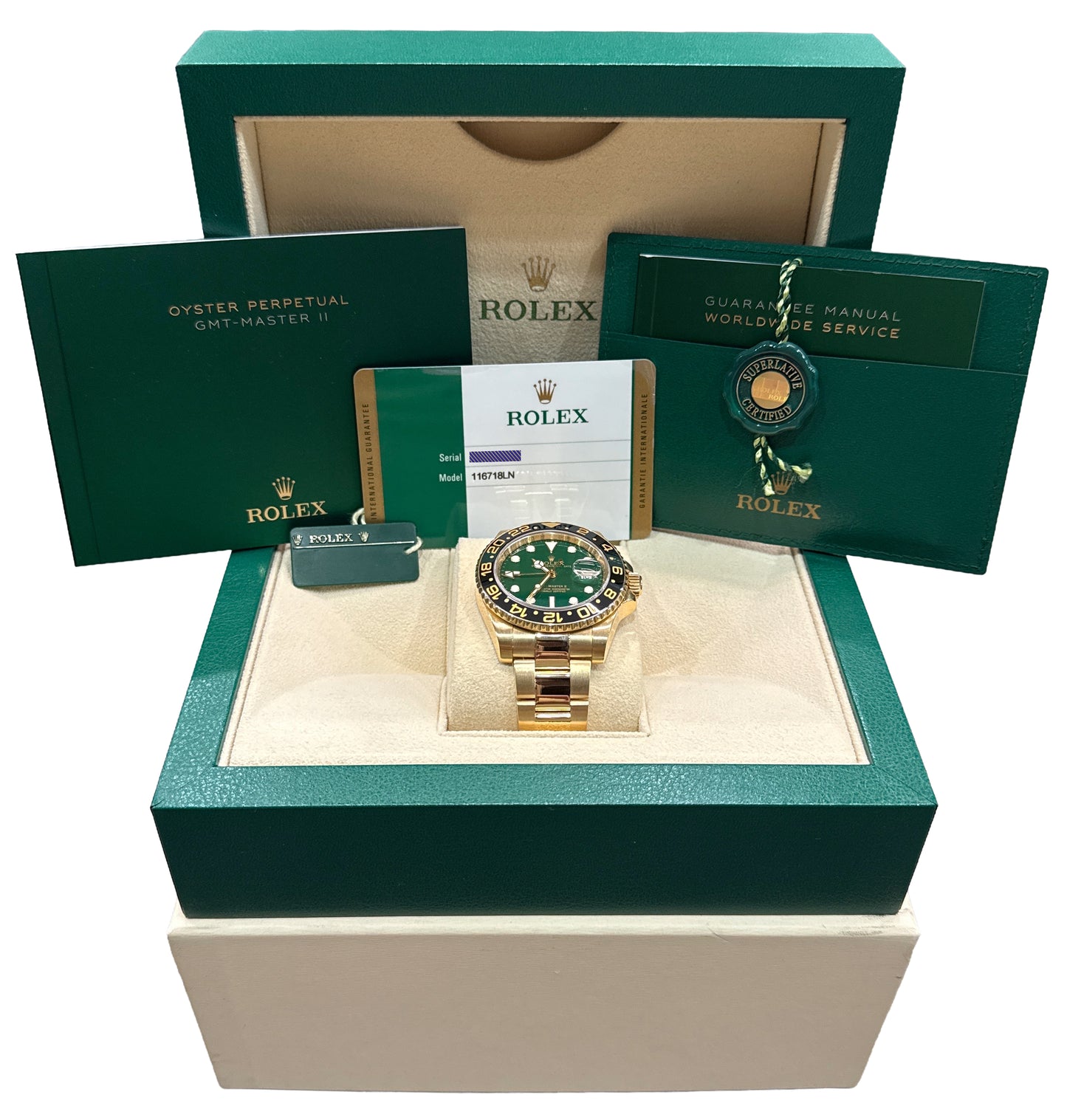 2016 PAPERS Rolex GMT-Master II GREEN Black 18K Yellow Gold 40mm 116718 LN BOX