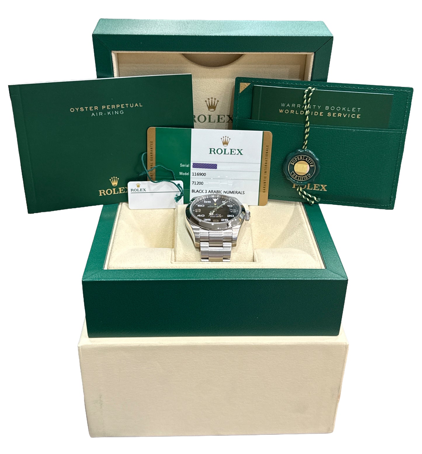 2017 PAPERS Rolex Air-King 40mm BLACK Green 3-6-9 Steel Arabic 116900 Watch BOX