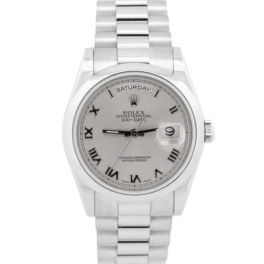 Rolex Day-Date Presidential 36mm SILVER ROMAN 950 Platinum 118206 Watch BOX