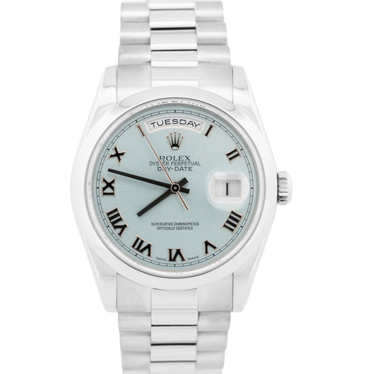 Rolex Day-Date Presidential 36mm GLACIER BLUE ROMAN 950 Platinum 118206 BOX