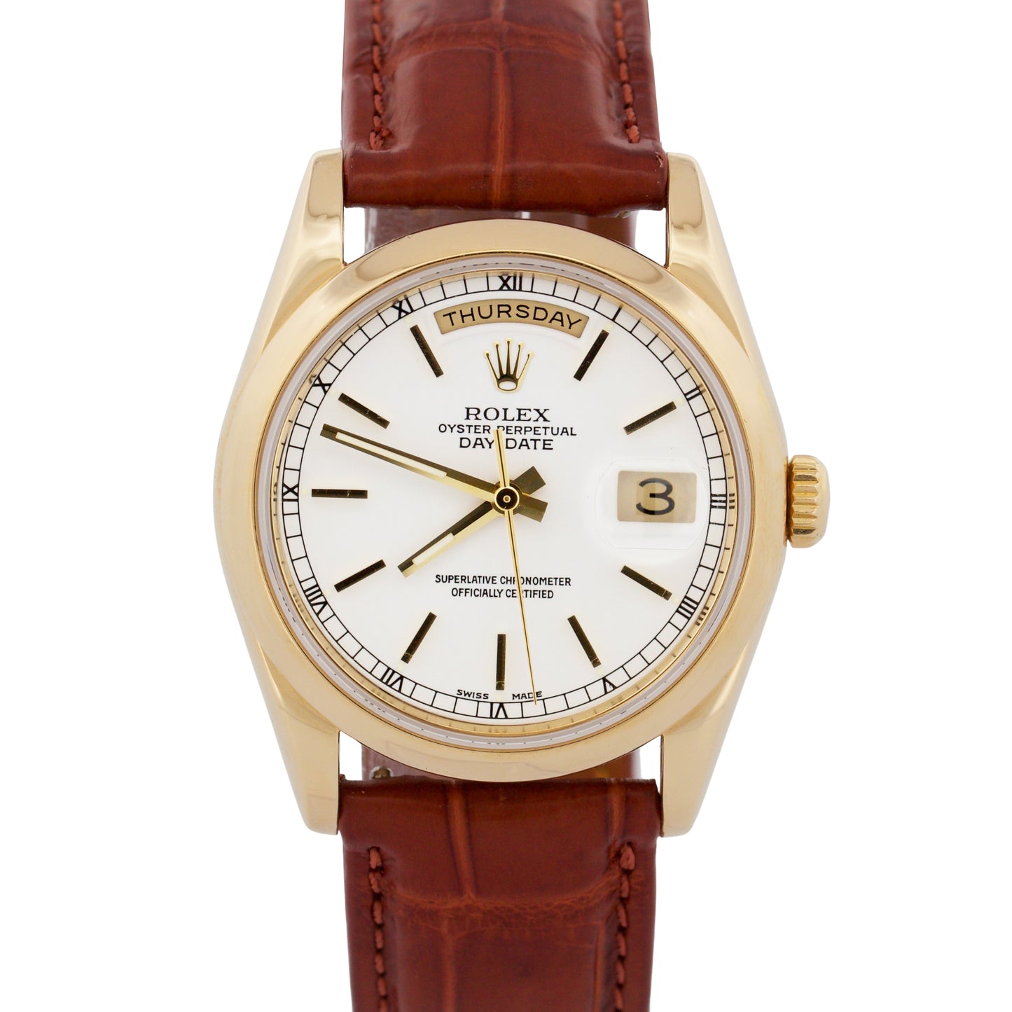 Rolex Day-Date WHITE 18K Yellow Gold Smooth Brown Leather 36mm Watch 118208