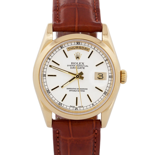 Rolex Day-Date WHITE 18K Yellow Gold Smooth Brown Leather 36mm Watch 118208
