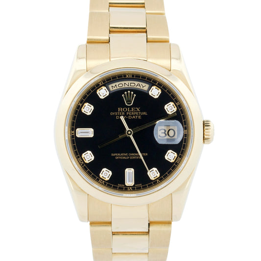 2006 PAPERS Rolex Day-Date BLACK DIAMOND 18K Gold OYSTER 36mm 118208 BOX