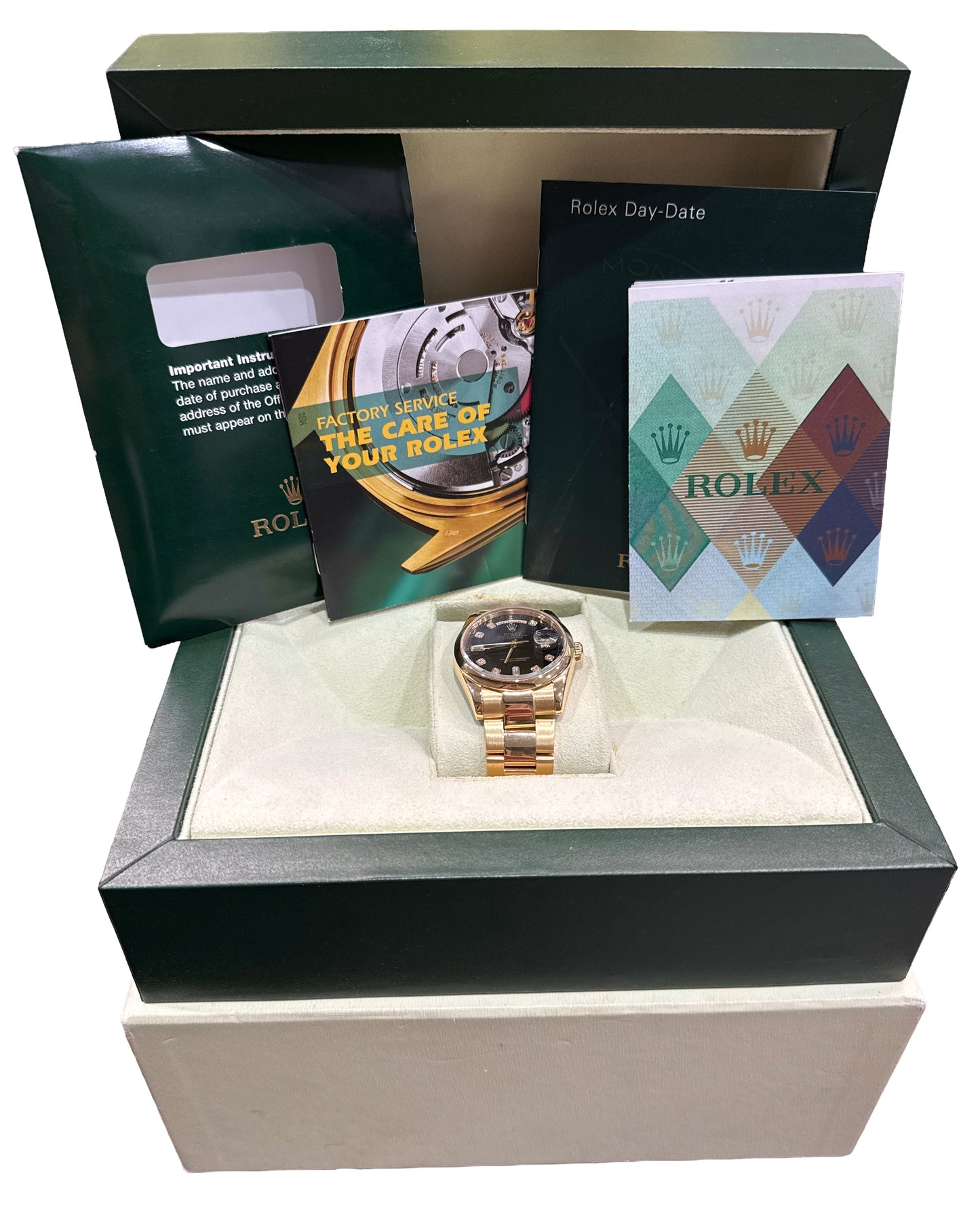 2006 PAPERS Rolex Day-Date BLACK DIAMOND 18K Gold OYSTER 36mm 118208 BOX