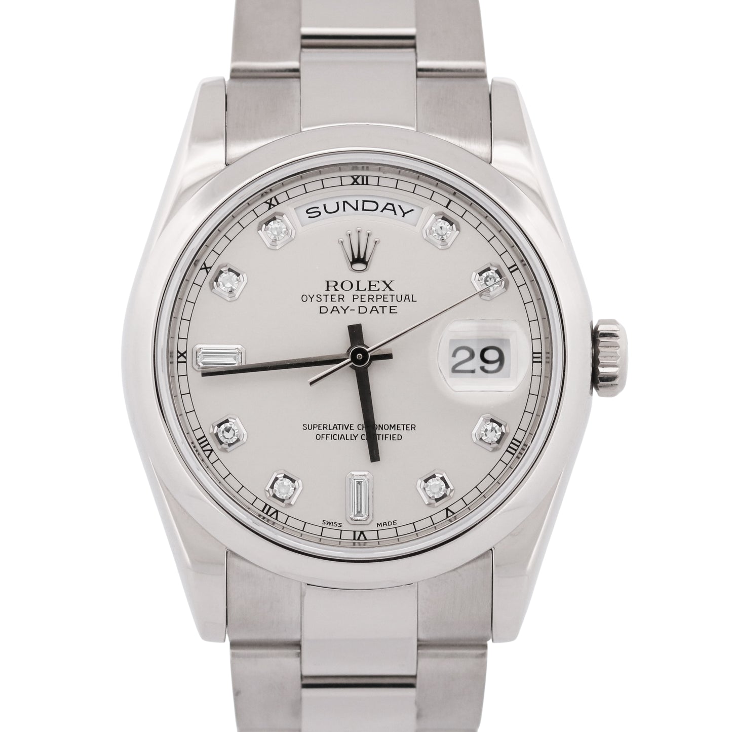 Rolex Day-Date SILVER DIAMOND 36mm 18k White Gold OYSTER Smooth 118209 Watch
