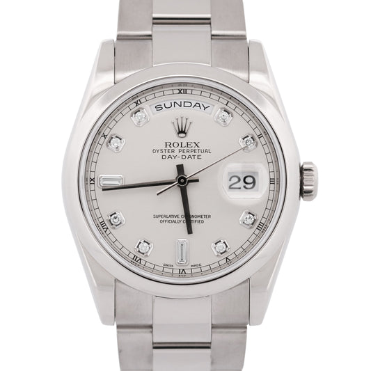 Rolex Day-Date SILVER DIAMOND 36mm 18k White Gold OYSTER Smooth 118209 Watch