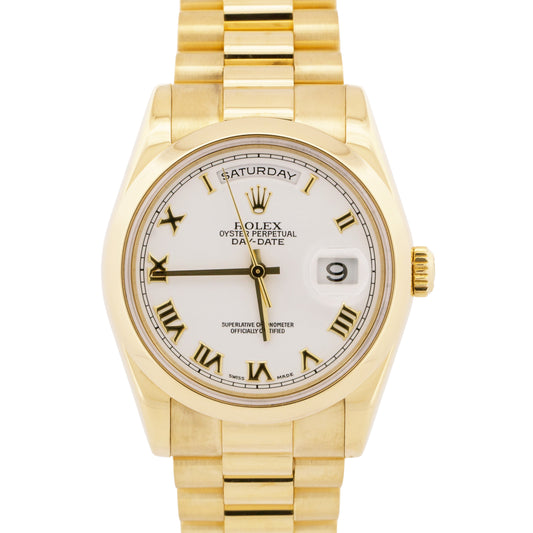 PAPERS Rolex Day-Date President WHITE ROMAN 18K Yellow Gold 36mm 118208 BOX