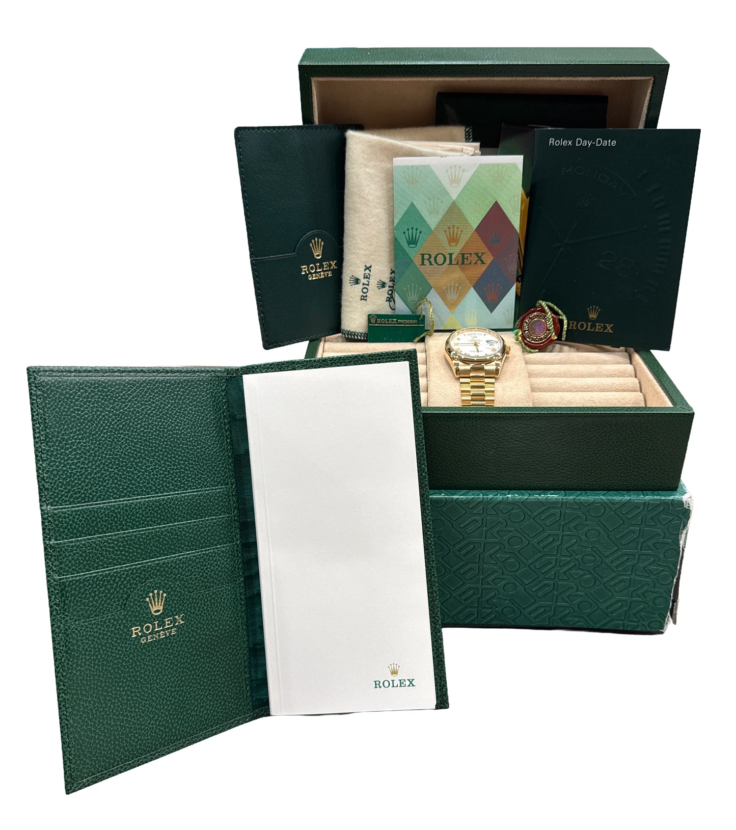 PAPERS Rolex Day-Date President WHITE ROMAN 18K Yellow Gold 36mm 118208 BOX