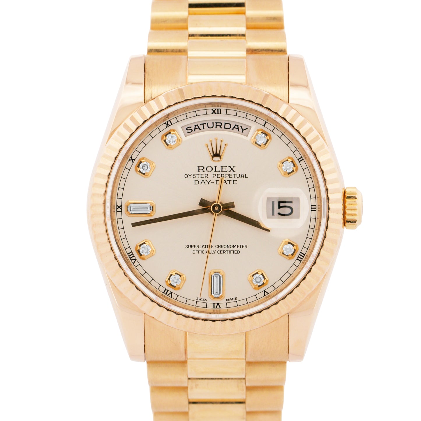 Rolex Day-Date President SILVER DIAMOND 18k Rose Gold 36mm 118235 Watch BOX