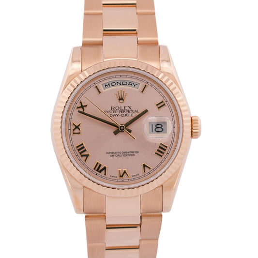 Rolex Day-Date Pink SUNDUST Roman 18k Rose Gold Fluted OYSTER 36mm 118235 Watch