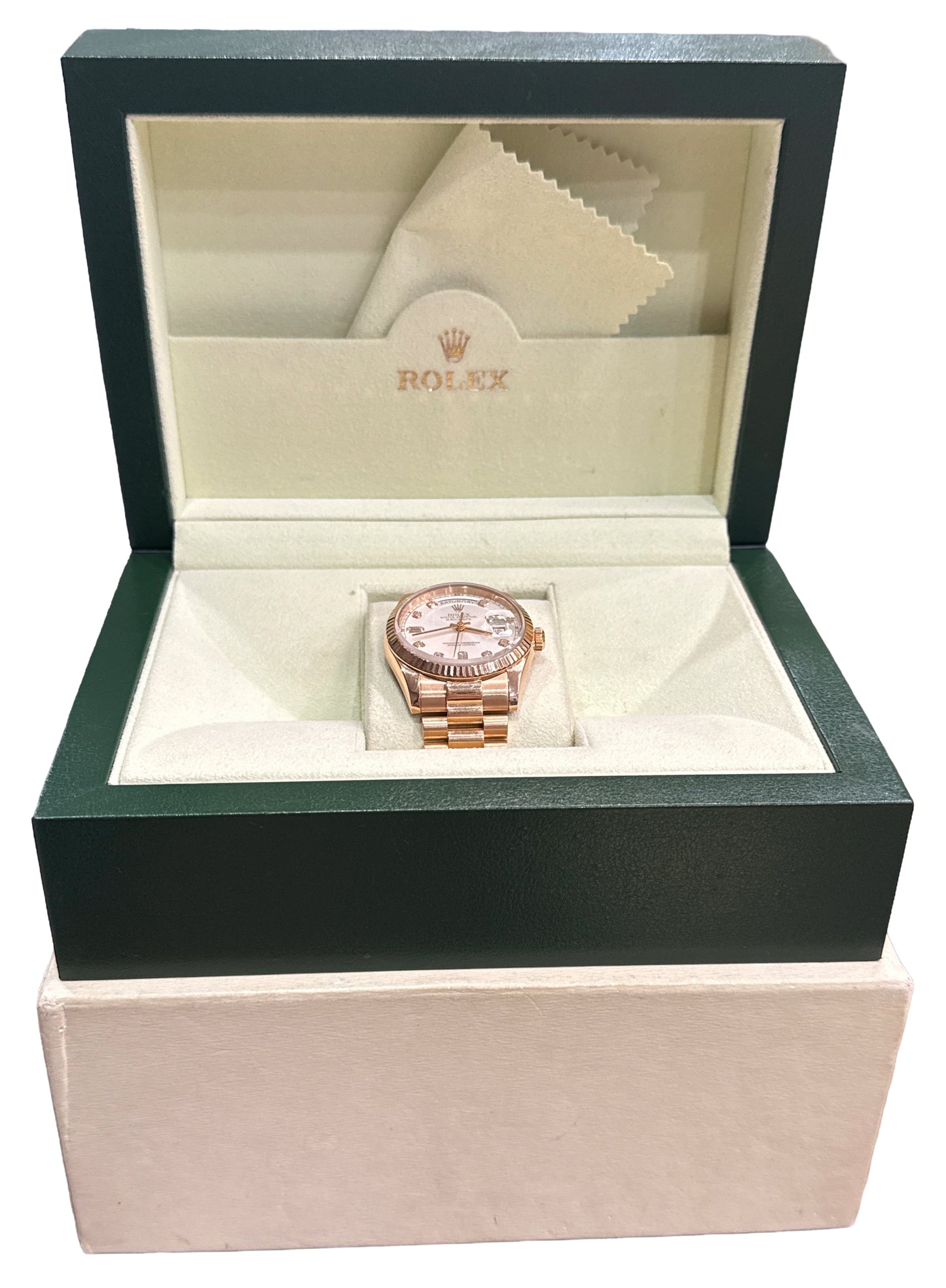 Rolex Day-Date President SILVER DIAMOND 18k Rose Gold 36mm 118235 Watch BOX