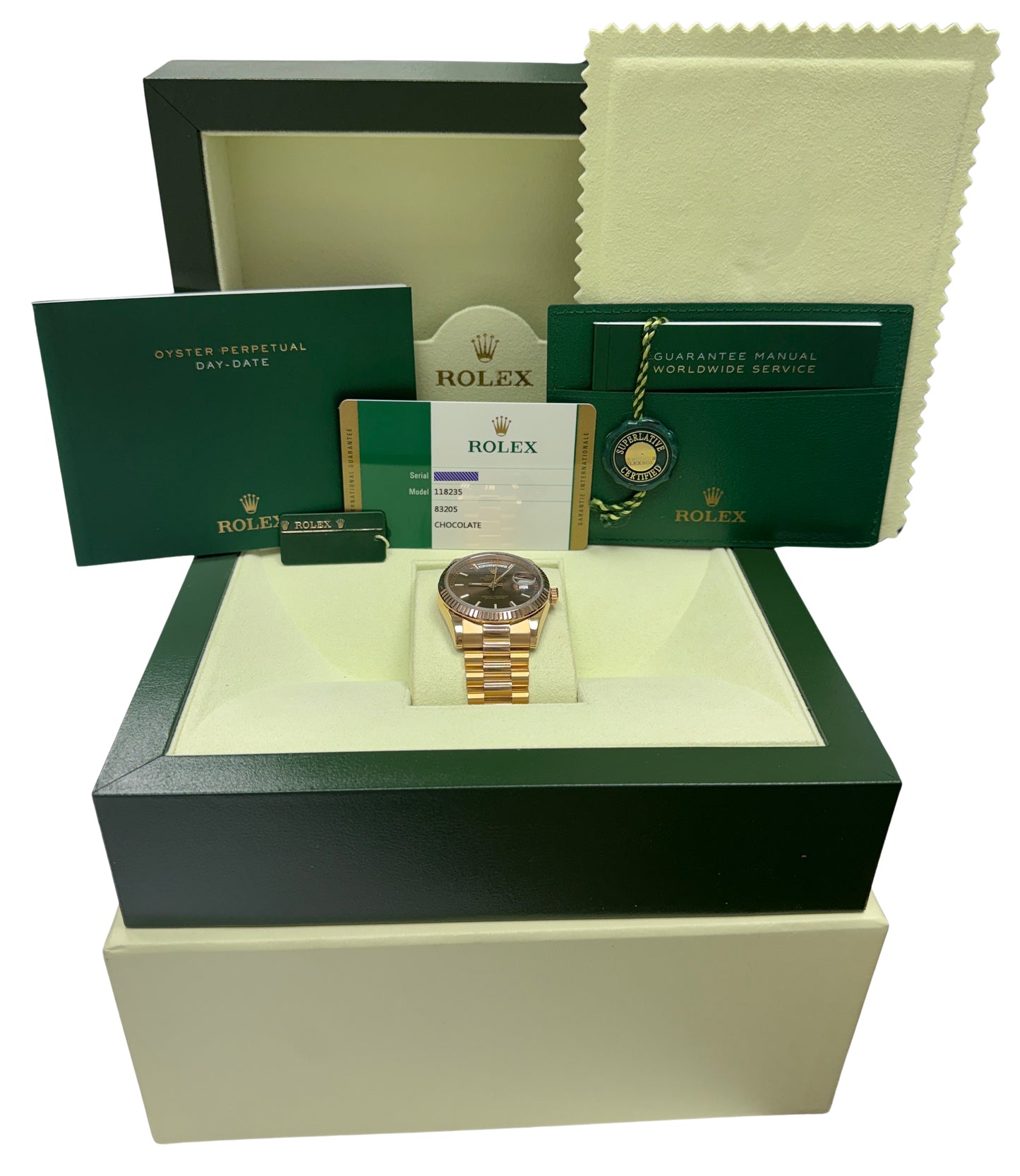 2018 PAPERS Rolex Day-Date President CHOCOLATE Brown 18K Gold 36mm 118235 BOX