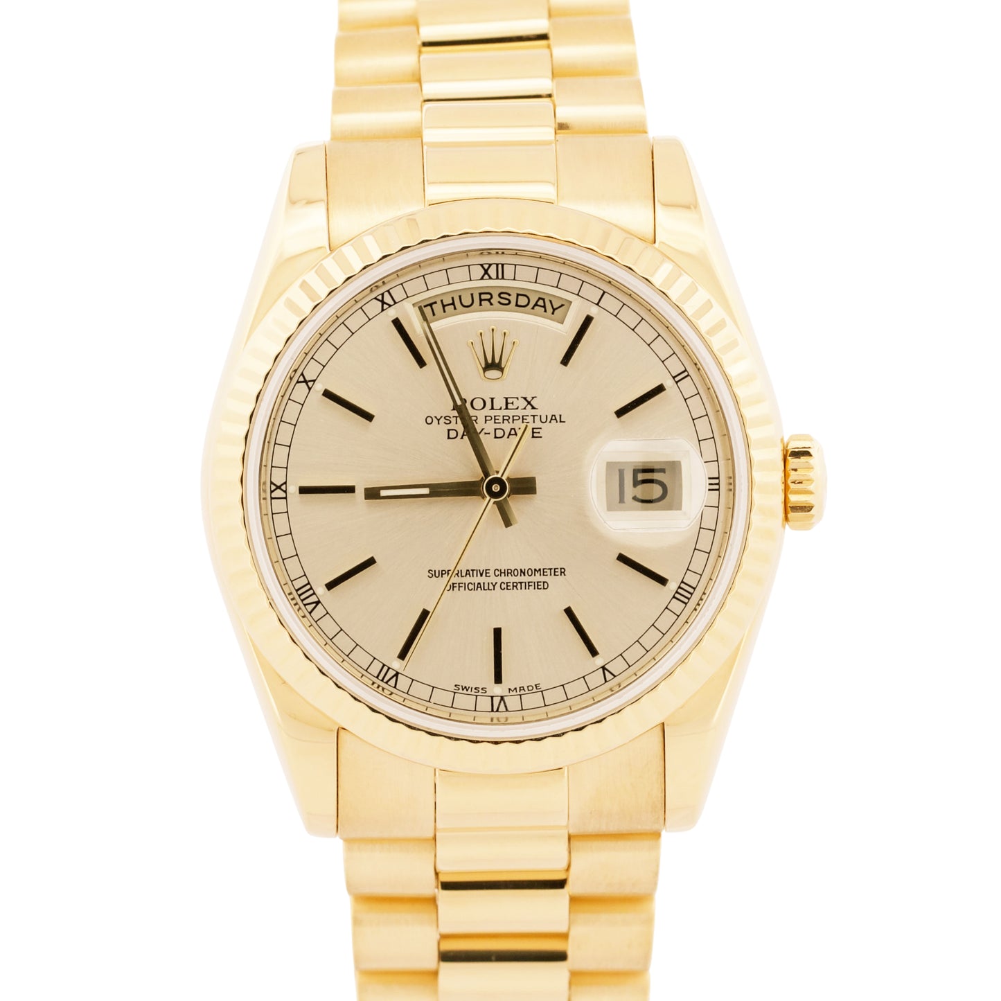 2014 RSC Rolex Day-Date President SILVERED CHAMPAGNE 36mm 18K Gold 118238 BOX