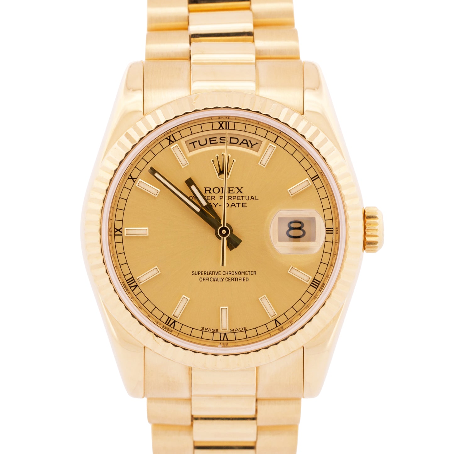Rolex Day-Date President CHAMPAGNE 18K Yellow Gold Fluted 36mm 118238 Watch