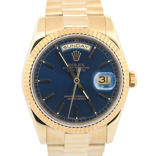 Rolex Day-Date President BLUE 18K Yellow Gold Fluted 36mm 118238 Watch