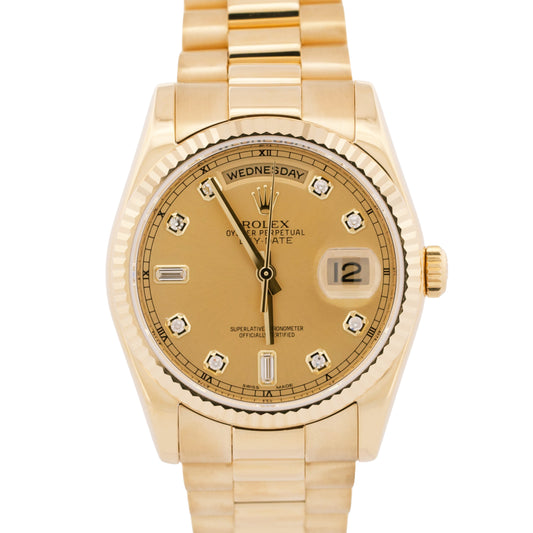 Rolex Day-Date President CHAMPAGNE DIAMOND 18K Yellow Gold 36mm 118238 Watch