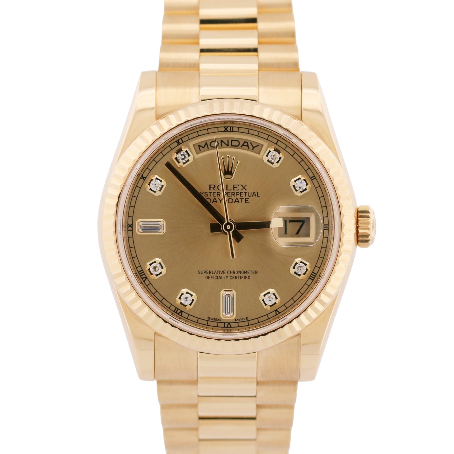 Rolex Day-Date 118238 Factory Diamond 18K Yellow Gold Random-Serial 36mm Box