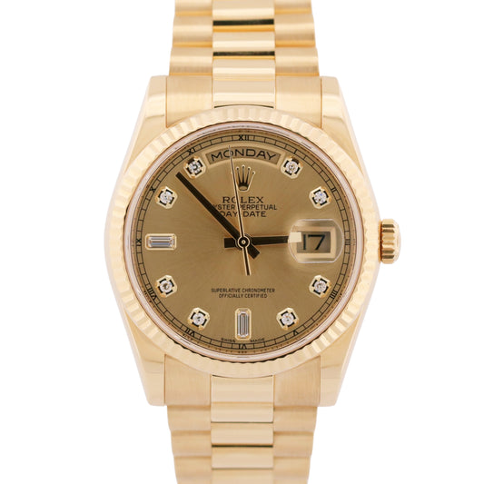Rolex Day-Date 118238 Factory Diamond 18K Yellow Gold Random-Serial 36mm Box
