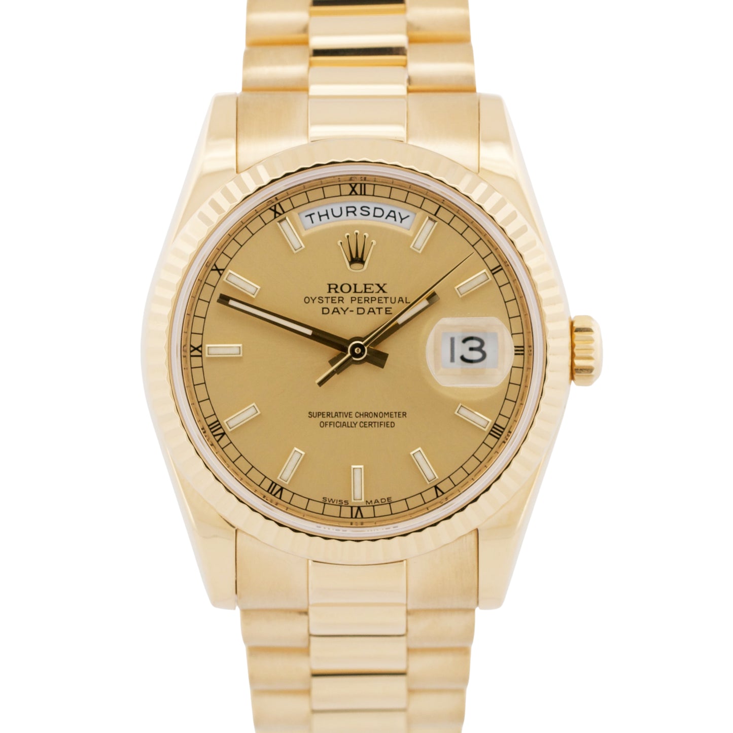 Rolex Day-Date President 118238 Champagne 18K Yellow Gold Fluted 36mm Watch