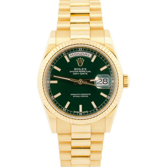 2022 RSC PAPERS Rolex Day-Date President GREEN 18K Gold 36mm 118238 Watch BOX