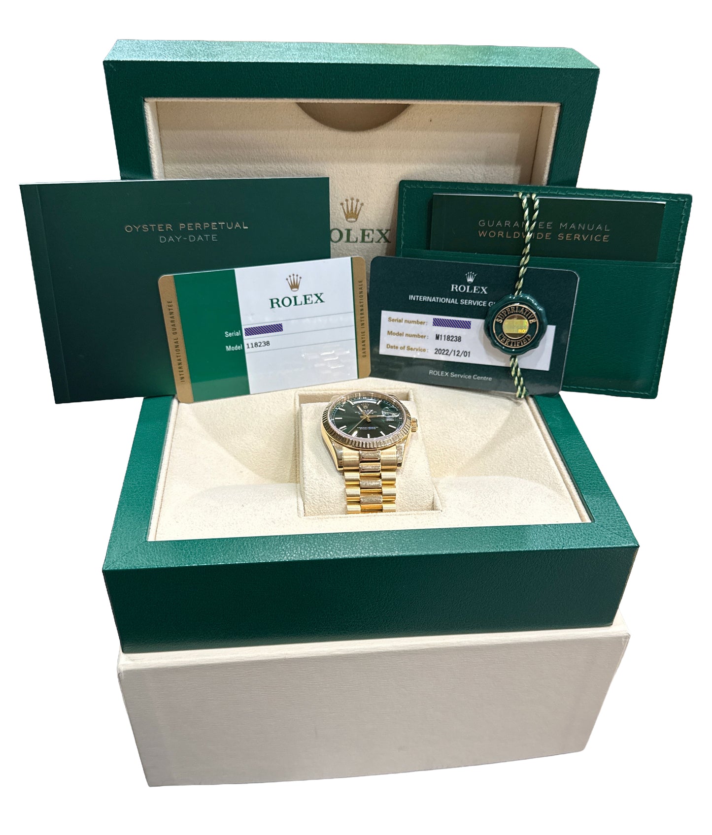 2022 RSC PAPERS Rolex Day-Date President GREEN 18K Gold 36mm 118238 Watch BOX