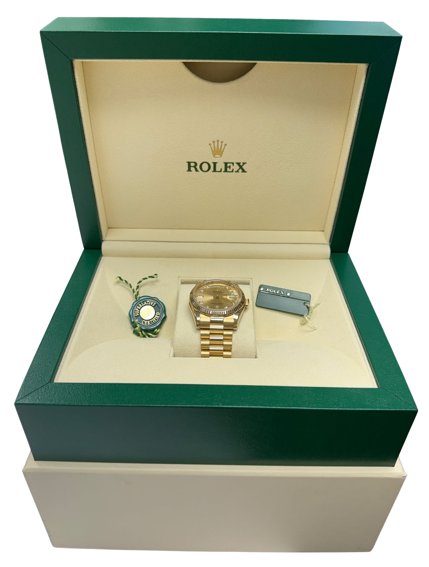 Rolex Day-Date 118238 Factory Diamond 18K Yellow Gold Random-Serial 36mm Box