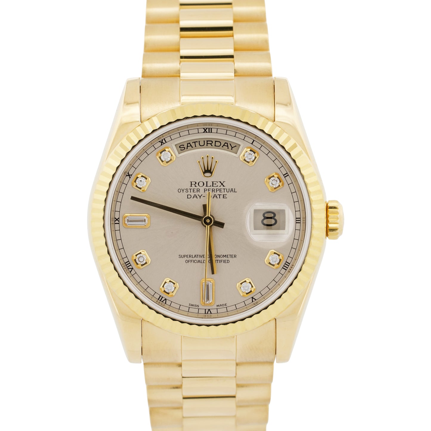 Rolex Day-Date President SILVER DIAMOND 18K Yellow Gold Fluted 36mm 118238 BOX