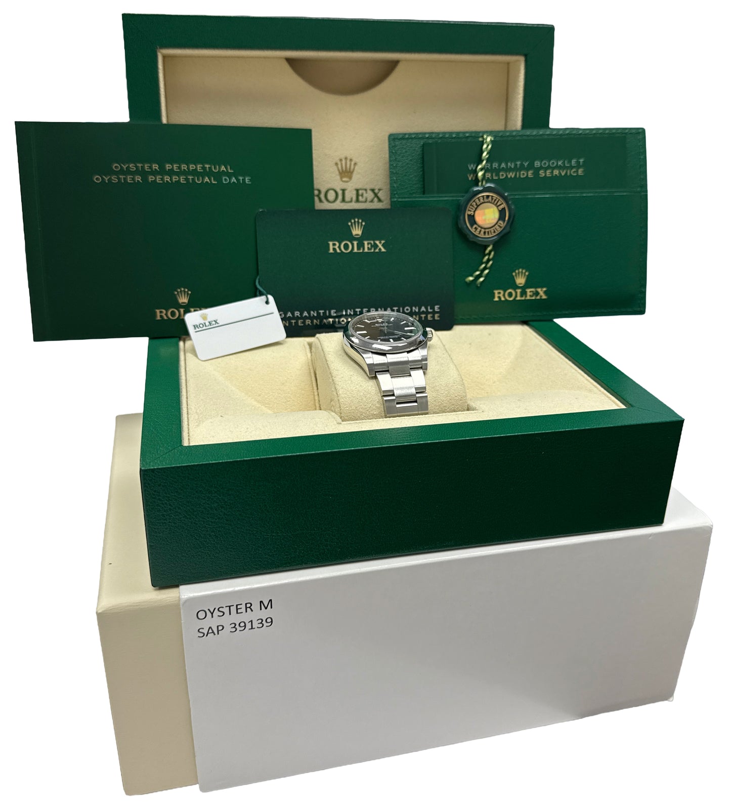 2022 PAPERS Rolex Oyster Perpetual BLACK Steel 34mm Oyster Watch 124200 BOX