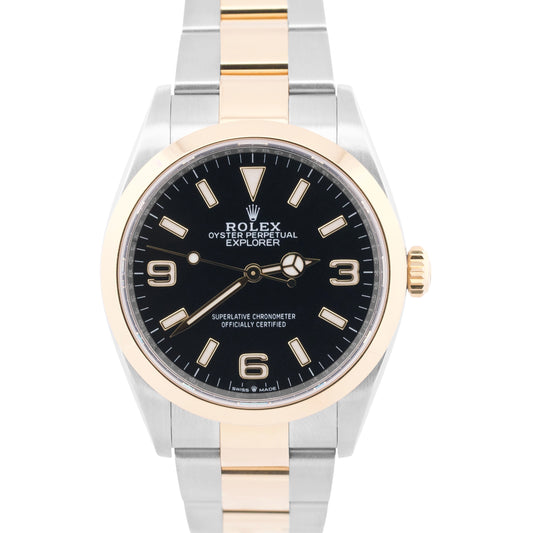 2023 PAPERS Rolex Explorer I Black TWO-TONE 18K Gold Steel 36mm 124273 Watch BOX