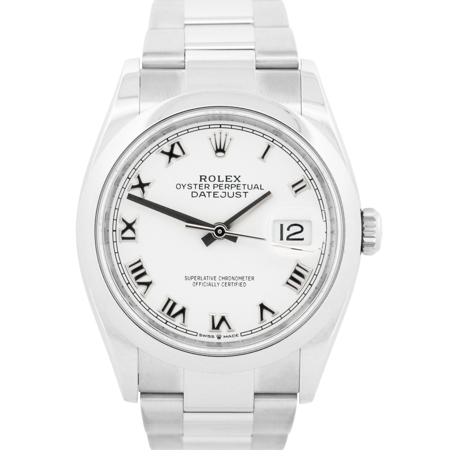 Rolex DateJust 36mm WHITE ROMAN Stainless Steel SMOOTH Oyster 126200 Watch