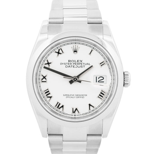 Rolex DateJust 36mm WHITE ROMAN Stainless Steel SMOOTH Oyster 126200 Watch