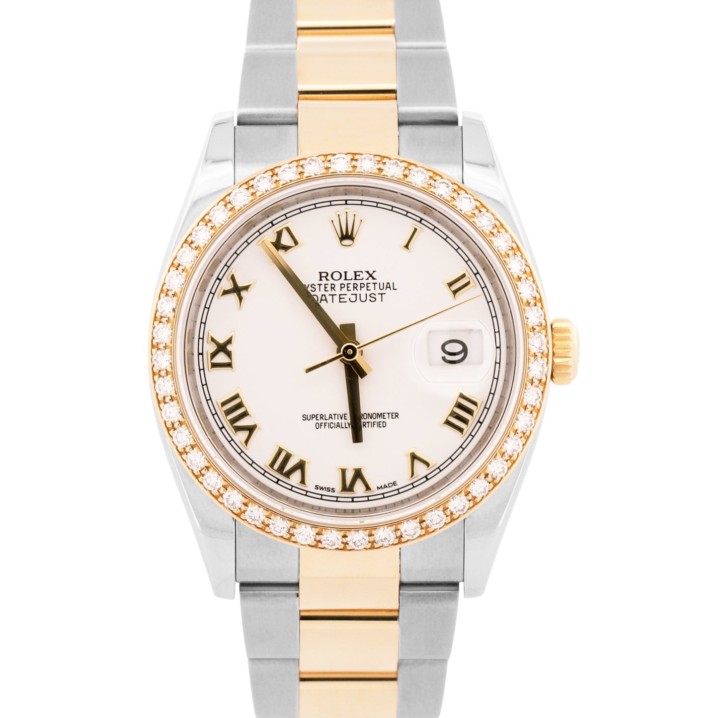 MINT Rolex DateJust WHITE ROMAN DIAMOND 36mm 18K Yellow Gold Oyster Steel 126203