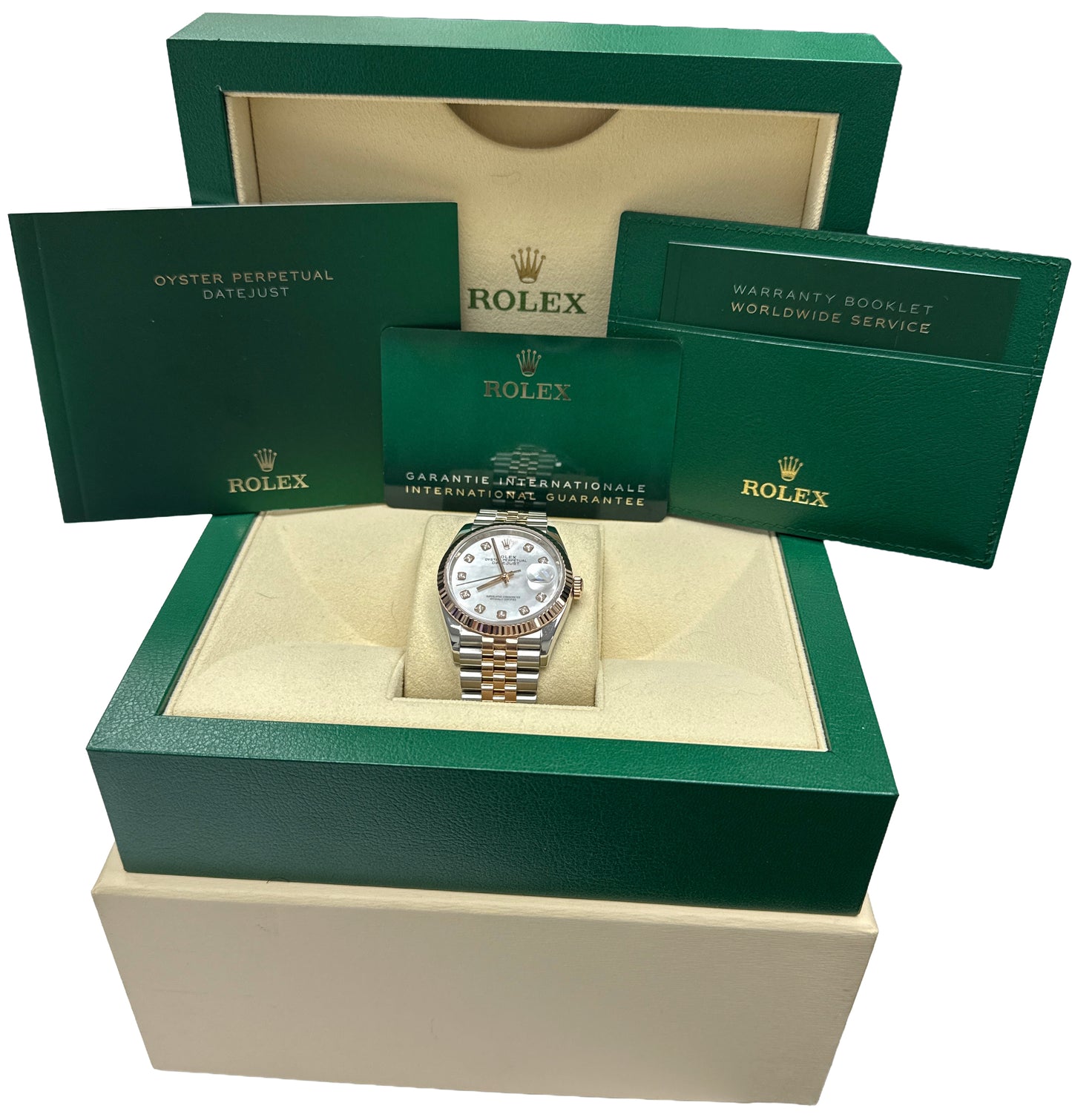 2021 PAPERS Rolex DateJust 36 MOP DIAMOND 18k Rose Gold JUBILEE 36mm 126231 BOX