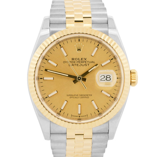Rolex DateJust CHAMPAGNE Fluted 36mm Steel 18K Yellow Gold JUBILEE Watch 126233