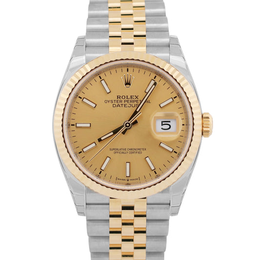 NEW STICKERED 2021 PAPERS Rolex DateJust 36mm CHAMPAGNE 18K JUBILEE 126233 BOX