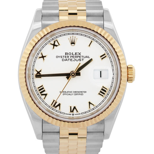 Rolex DateJust 36 WHITE ROMAN 18K Yellow Gold Steel JUBILEE Fluted 36mm 126233