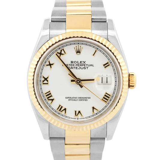 Rolex DateJust 36 WHITE ROMAN 18K Yellow Gold Steel OYSTER Fluted 36mm 126233
