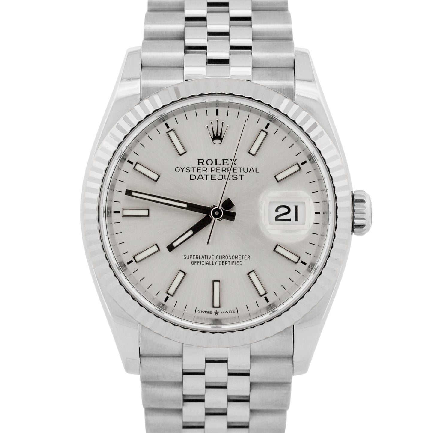 Rolex DateJust 36mm SILVER Stainless Steel Jubilee 18K Gold Fluted 126234 Watch