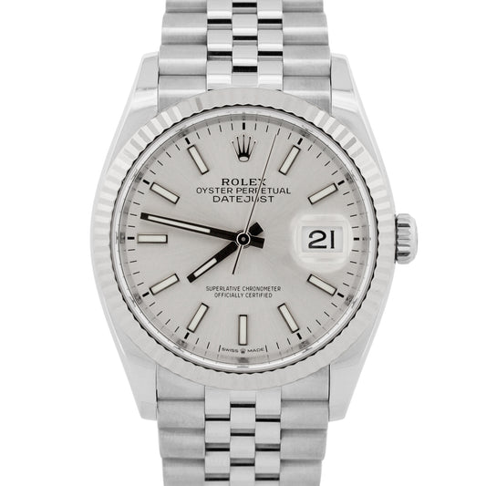 Rolex DateJust 36mm SILVER Stainless Steel Jubilee 18K Gold Fluted 126234 Watch