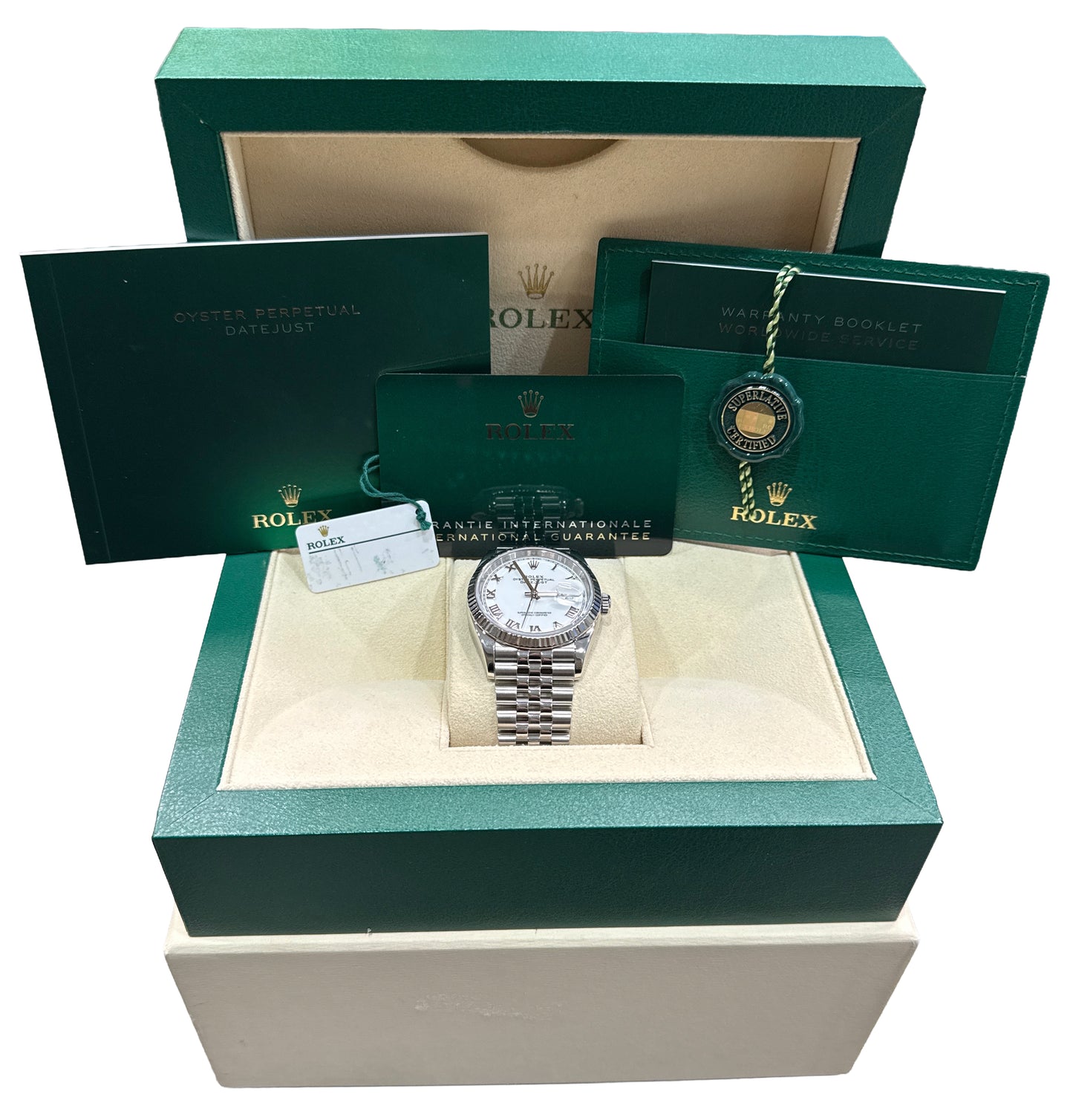 2023 PAPERS Rolex DateJust WHITE ROMAN 36mm Steel 18K Gold JUBILEE 126234 BOX