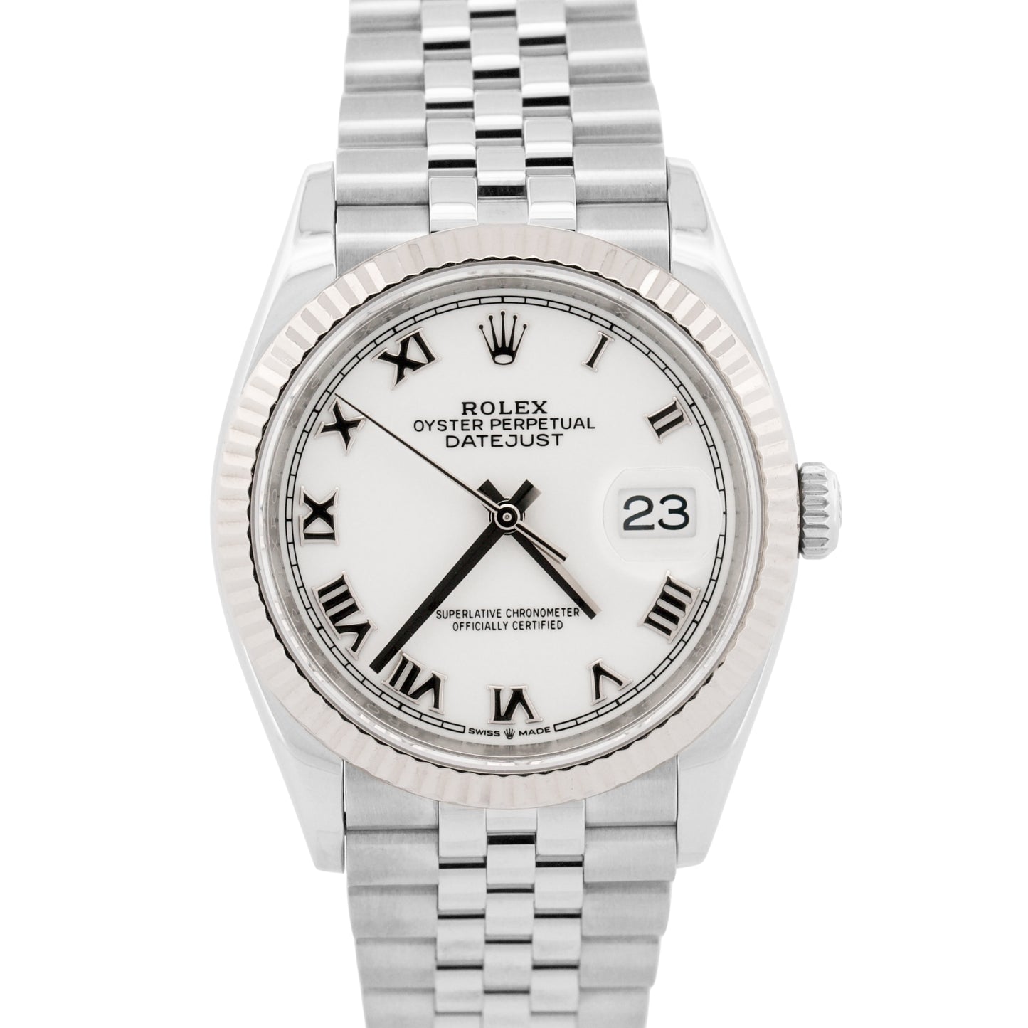 2023 PAPERS Rolex DateJust WHITE ROMAN 36mm Steel 18K Gold JUBILEE 126234 BOX