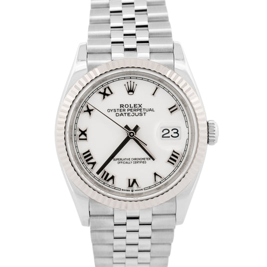 2023 PAPERS Rolex DateJust WHITE ROMAN 36mm Steel 18K Gold JUBILEE 126234 BOX