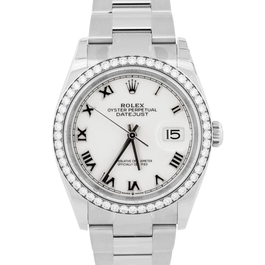 2025 PAPERS Rolex DateJust 36mm WHITE ROMAN Steel DIAMOND Oyster 126284 RBR BOX