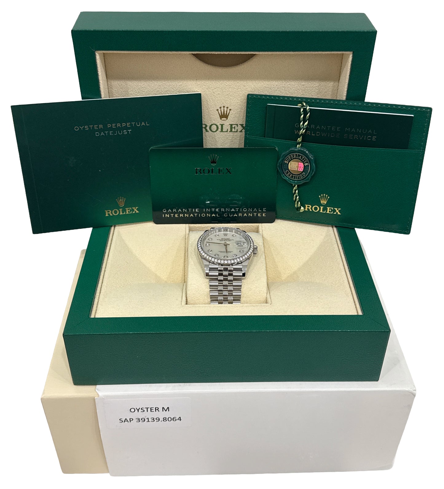 PAPERS Rolex DateJust 36mm FACTORY MOP DIAMOND Stainless Jubilee 126284 RBR BOX