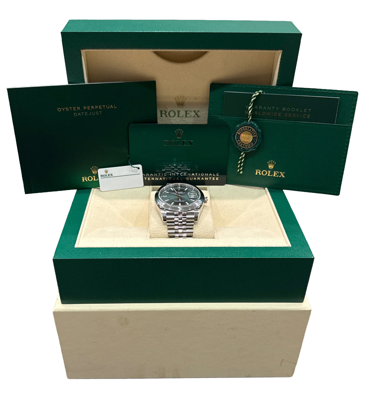 2024 Rolex DateJust 41 126300 Mint Green Stainless Steel Jubilee 41mm Watch BOX