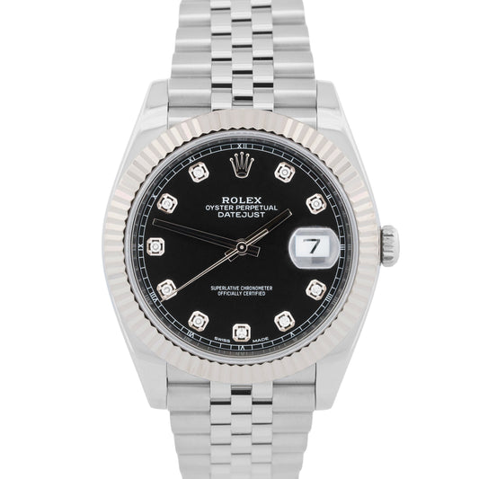 PAPERS Rolex DateJust 41mm BLACK DIAMOND 18K White Gold Steel JUBILEE 126334 BOX