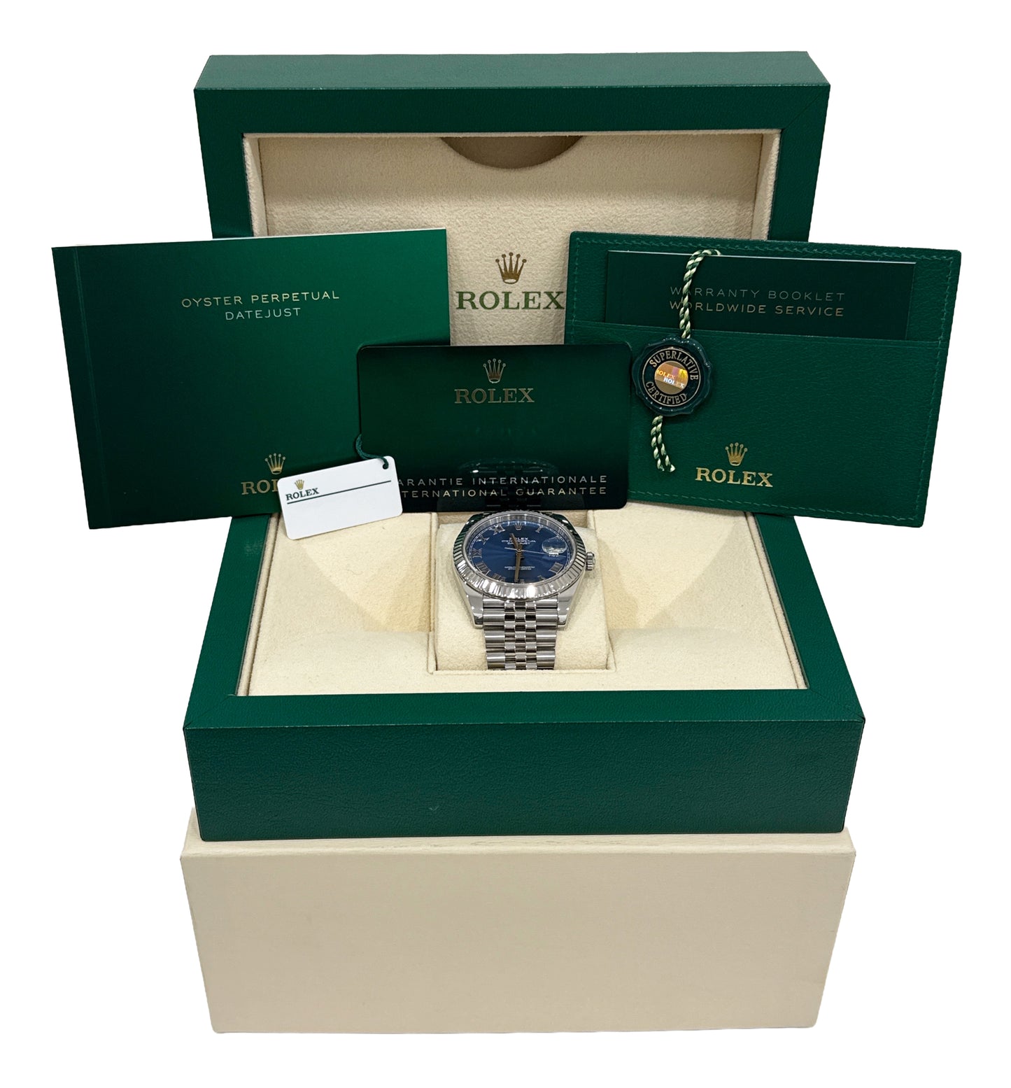 2023 PAPERS Rolex DateJust 41mm AZZURRO BLUE ROMAN 18K Steel JUBILEE 126334 BOX