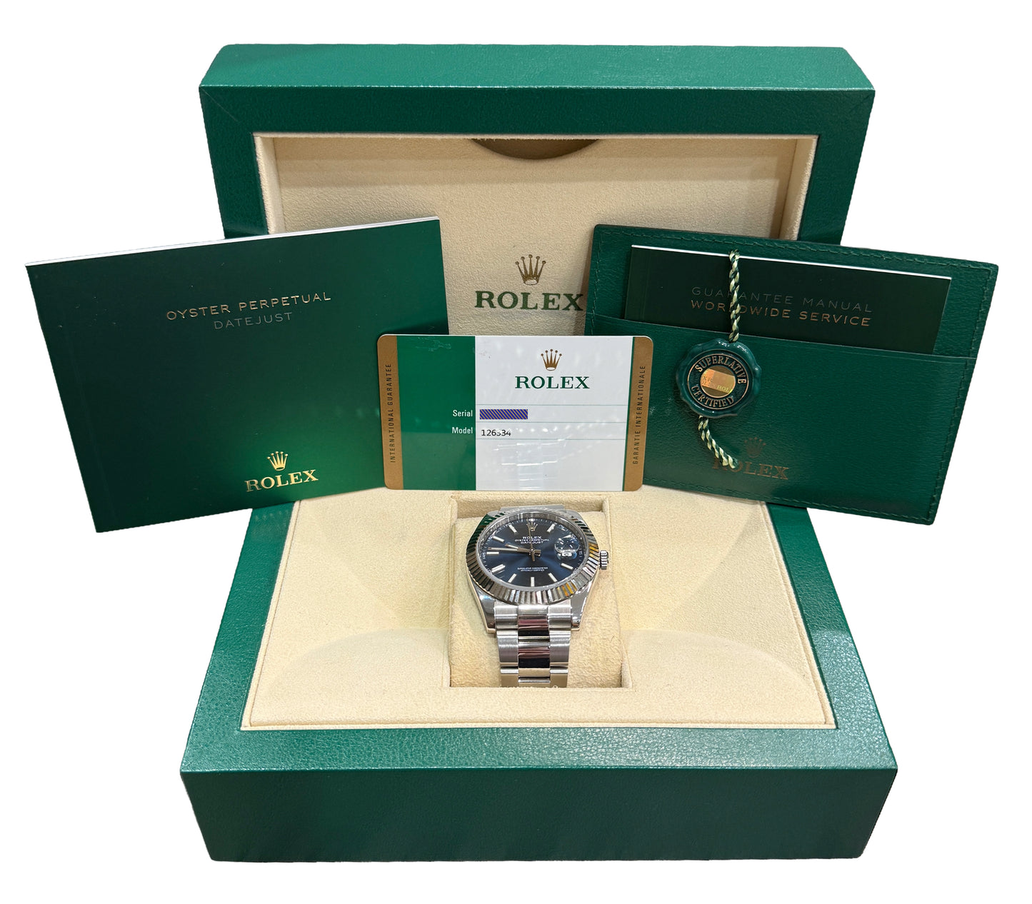 2017 PAPERS Rolex DateJust 41 BLUE 18K Steel OYSTER Fluted 41mm 126334 BOX