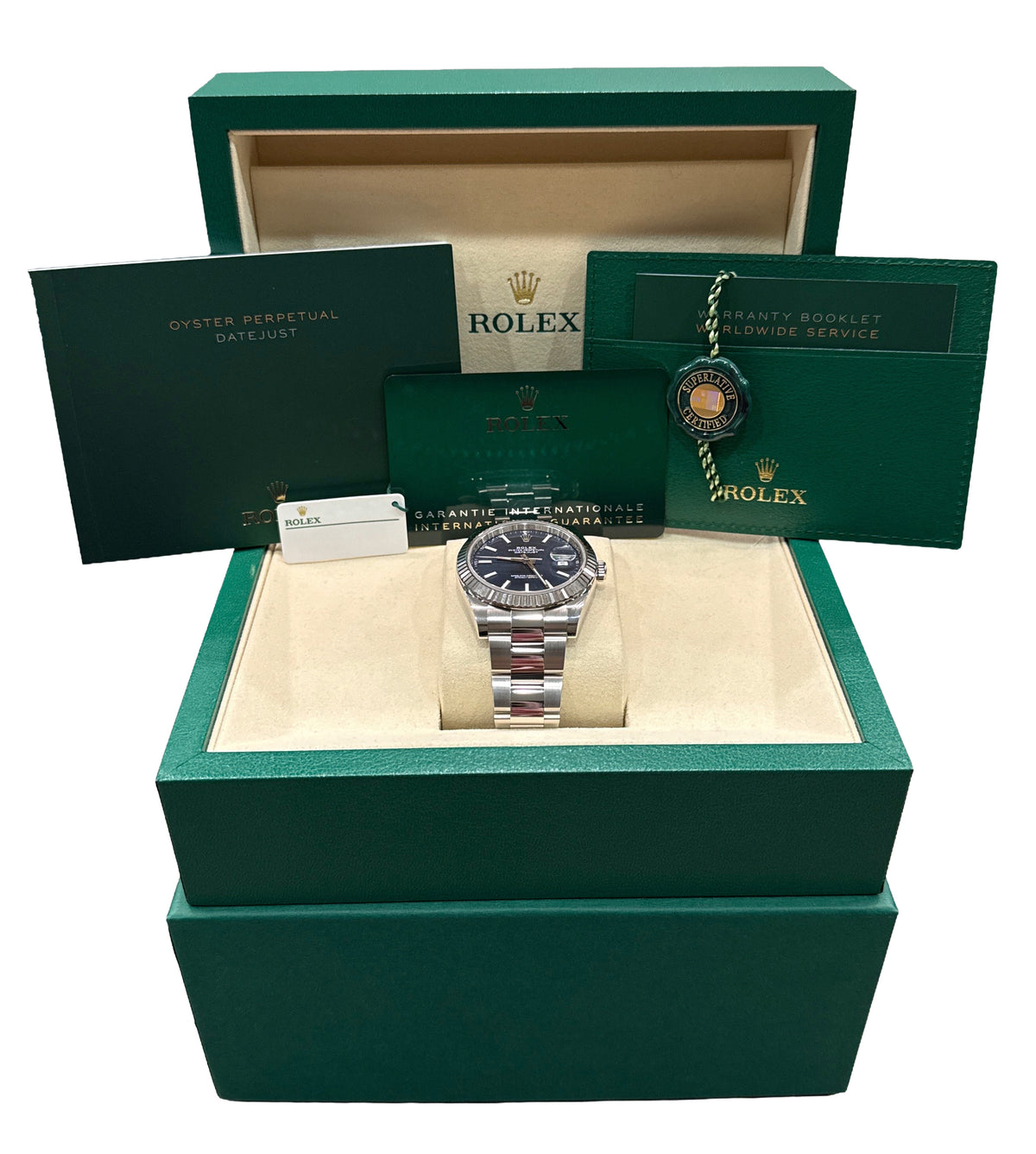 2025 Rolex DateJust 126334 41mm Blue 18K Gold Steel Oyster Watch Box Papers