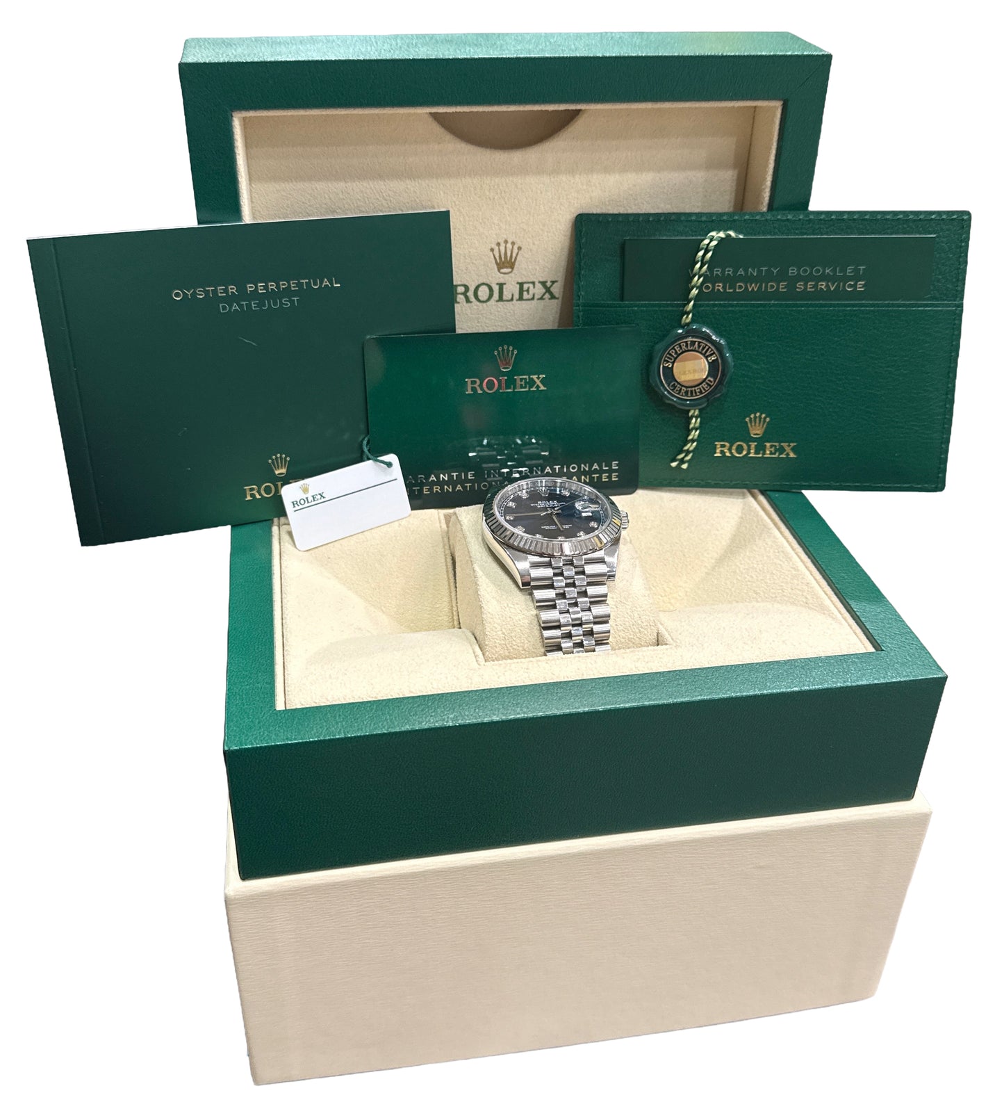 UNPOLISHED 2024 PAPERS Rolex DateJust BLUE DIAMOND 18K 41mm JUBILEE 126334 BOX